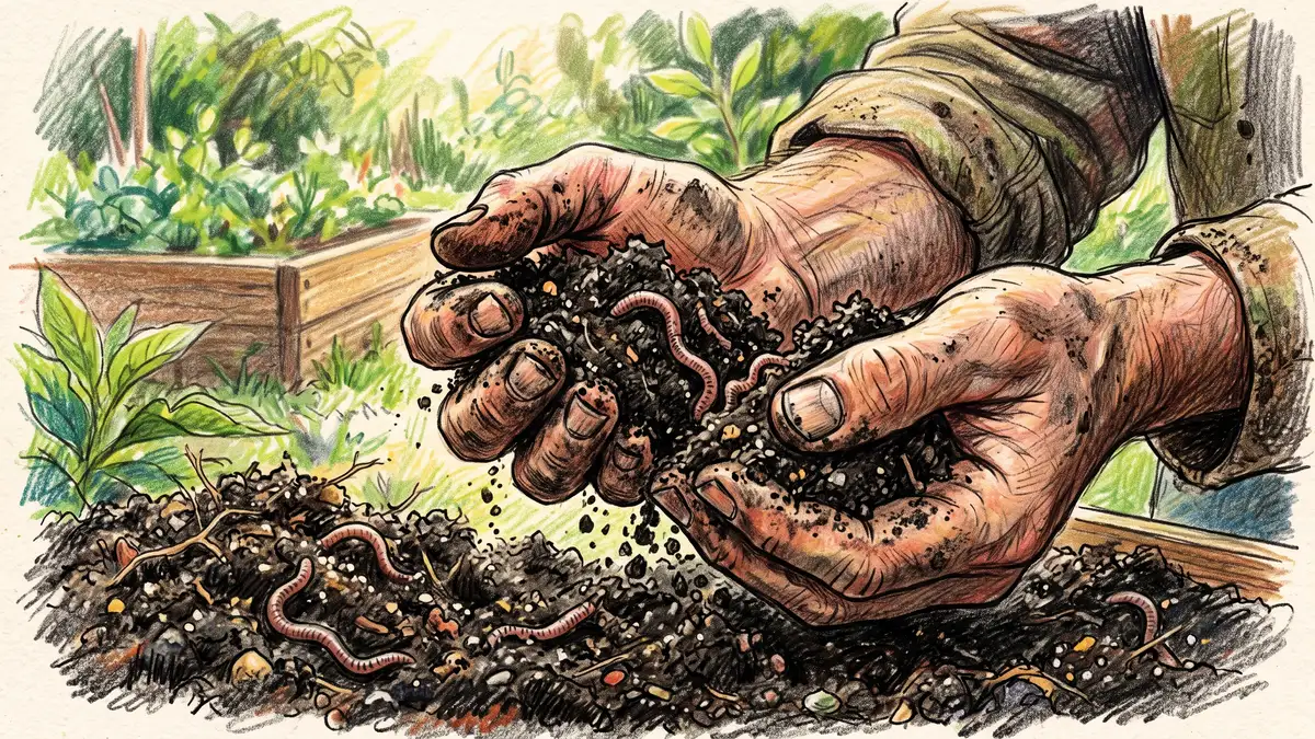 A gardener's soil-covered hands crumbling dark healthy loam with fine mineral rock dust and earthworms visible in living soil