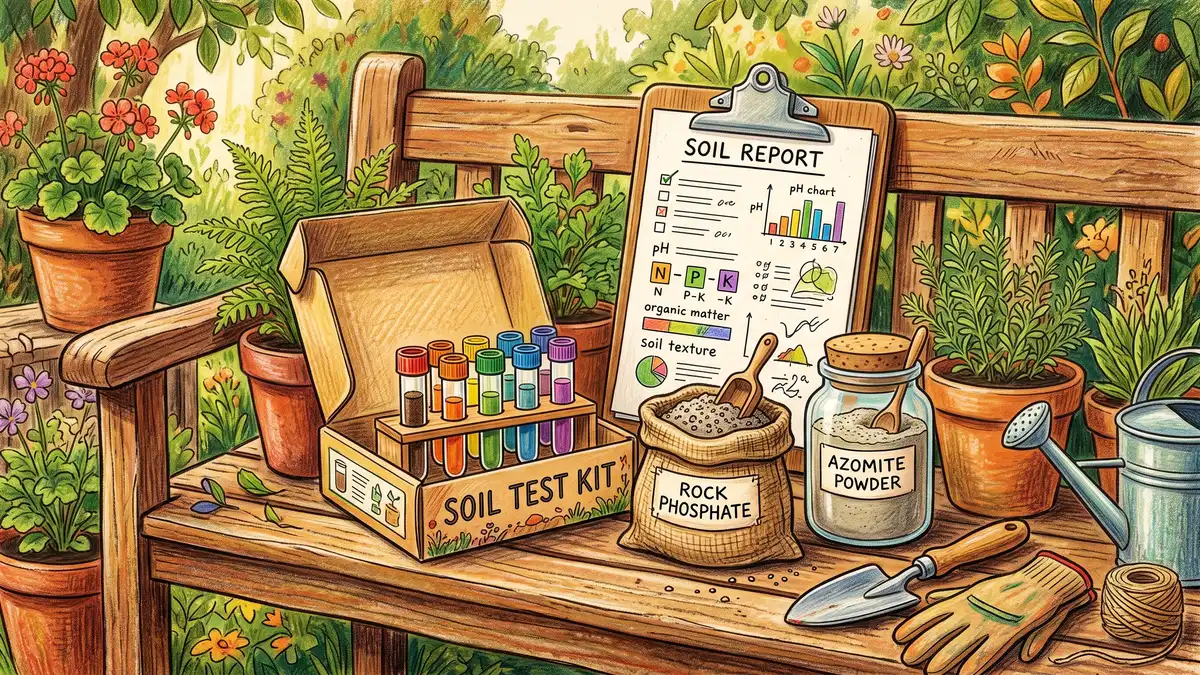 A home soil test kit with colored test tubes beside a small bag of rock phosphate and a jar of azomite powder on a wooden garden bench