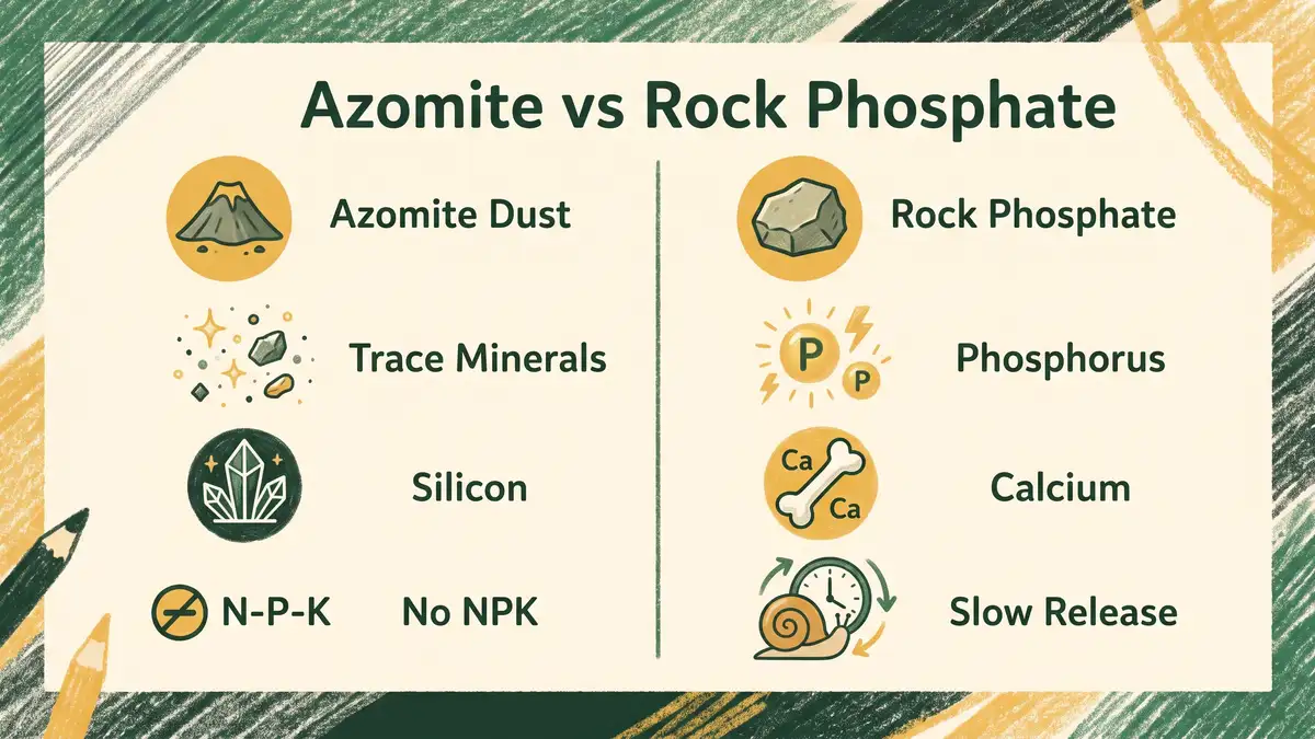 Pencil-crayon infographic comparing azomite (trace minerals, silicon, no NPK) and rock phosphate (phosphorus, calcium, slow release) in GrowPerma earth-green colors