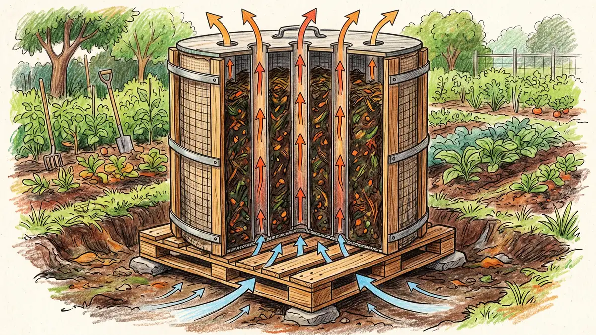 Cutaway illustration of a Johnson-Su bioreactor showing vertical air channels running through dark compost on a pallet base with airflow arrows