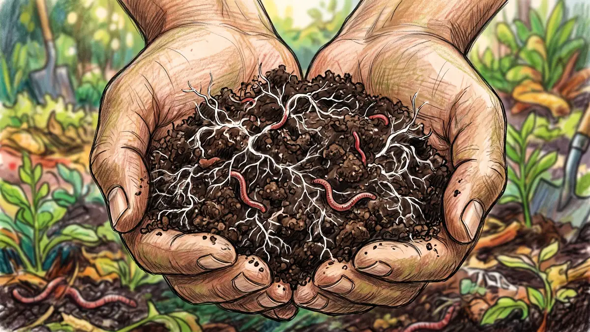 Close-up of finished fungal-dominated Johnson-Su compost laced with fine white mycelium and a few red composting worms in dark crumbly humus