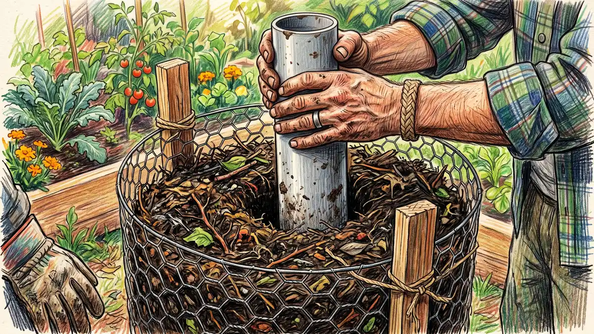 A gardener's hands sliding a vertical PVC pipe out of a freshly built compost column, leaving a round air channel in the dark compost