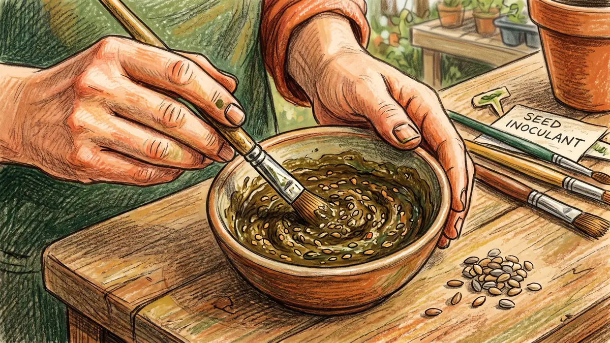 A gardener coating seeds with a thin slurry of dark biological compost extract in a small bowl, using the compost as a microbial inoculant