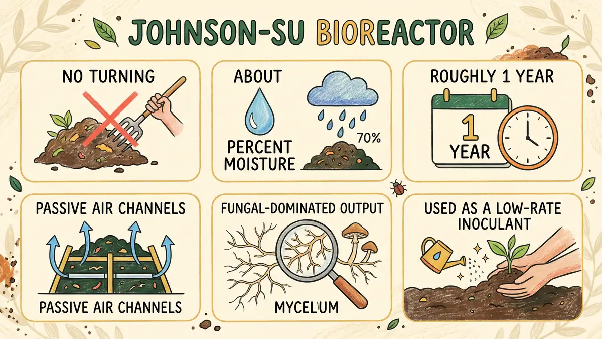 Pencil-crayon infographic of Johnson-Su bioreactor specs: no turning, 70 percent moisture, one year cure, passive air channels, fungal-dominated inoculant