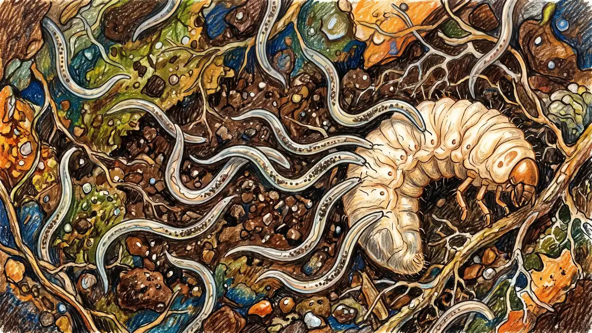 Microscope-style illustration of translucent beneficial Steinernema nematodes moving through moist dark soil toward a pale insect grub larva