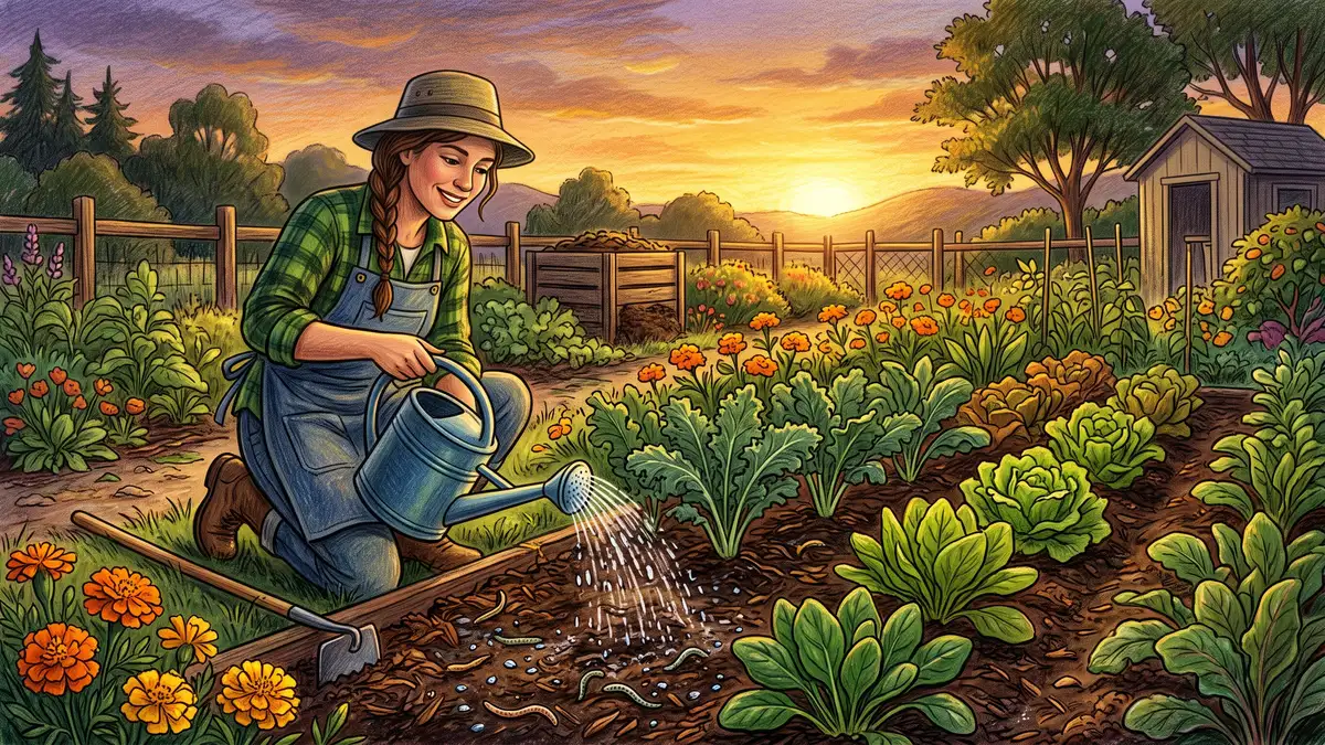 A gardener at dusk watering beneficial nematodes into a vegetable bed from a watering can in low golden evening light