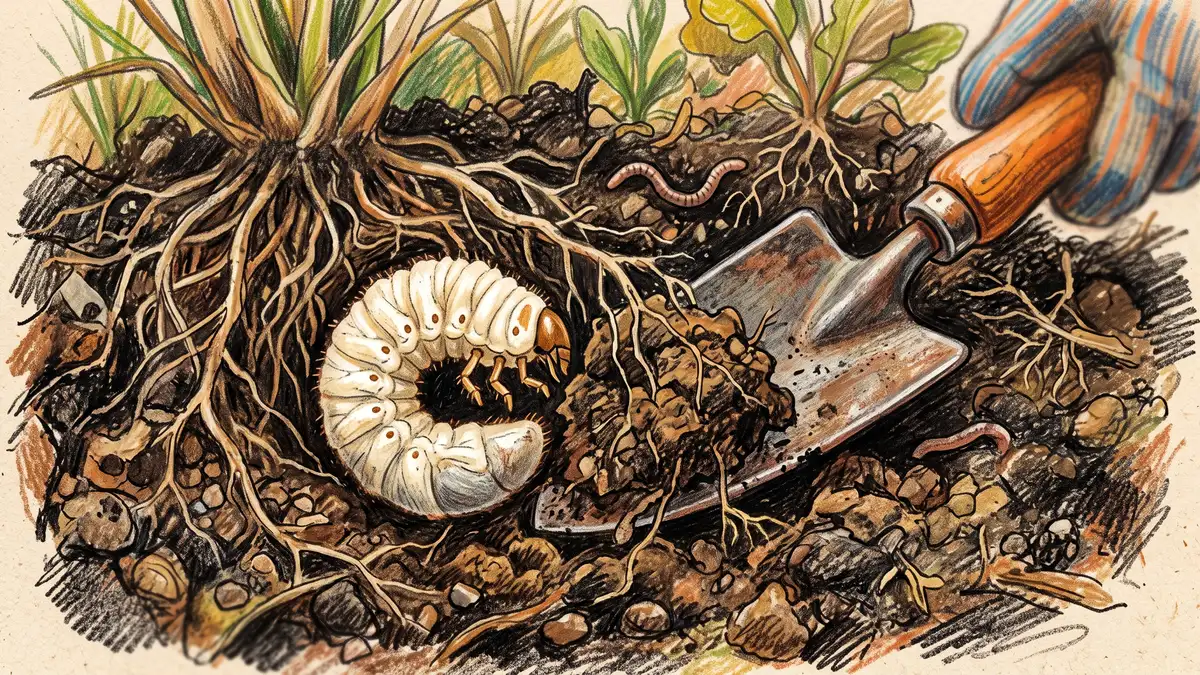 A white curled beetle grub larva in dark soil beside plant roots, a common soil pest that beneficial nematodes target