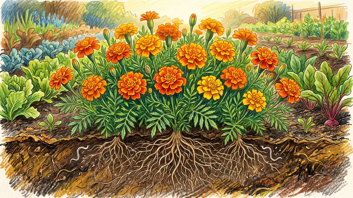 Bright orange and yellow French marigolds (Tagetes patula) growing densely among vegetable rows as a companion plant for nematode control