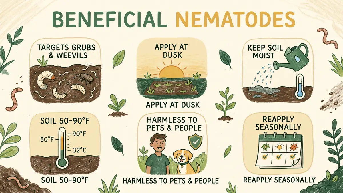 Pencil-crayon infographic of beneficial nematode facts: targets grubs and weevils, apply at dusk, keep soil moist, soil 50 to 90 F, harmless to pets, reapply seasonally