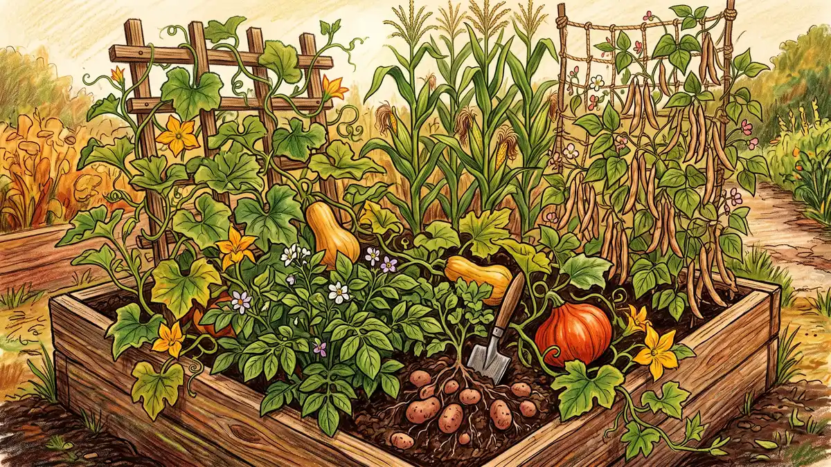 A dense raised garden bed packed with high-calorie staple crops including potatoes, winter squash, corn, and climbing dry beans