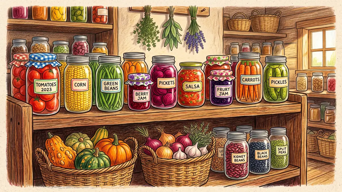 A homestead pantry shelf lined with glass jars of home-canned vegetables, dried beans, and baskets of squash and onions for winter storage