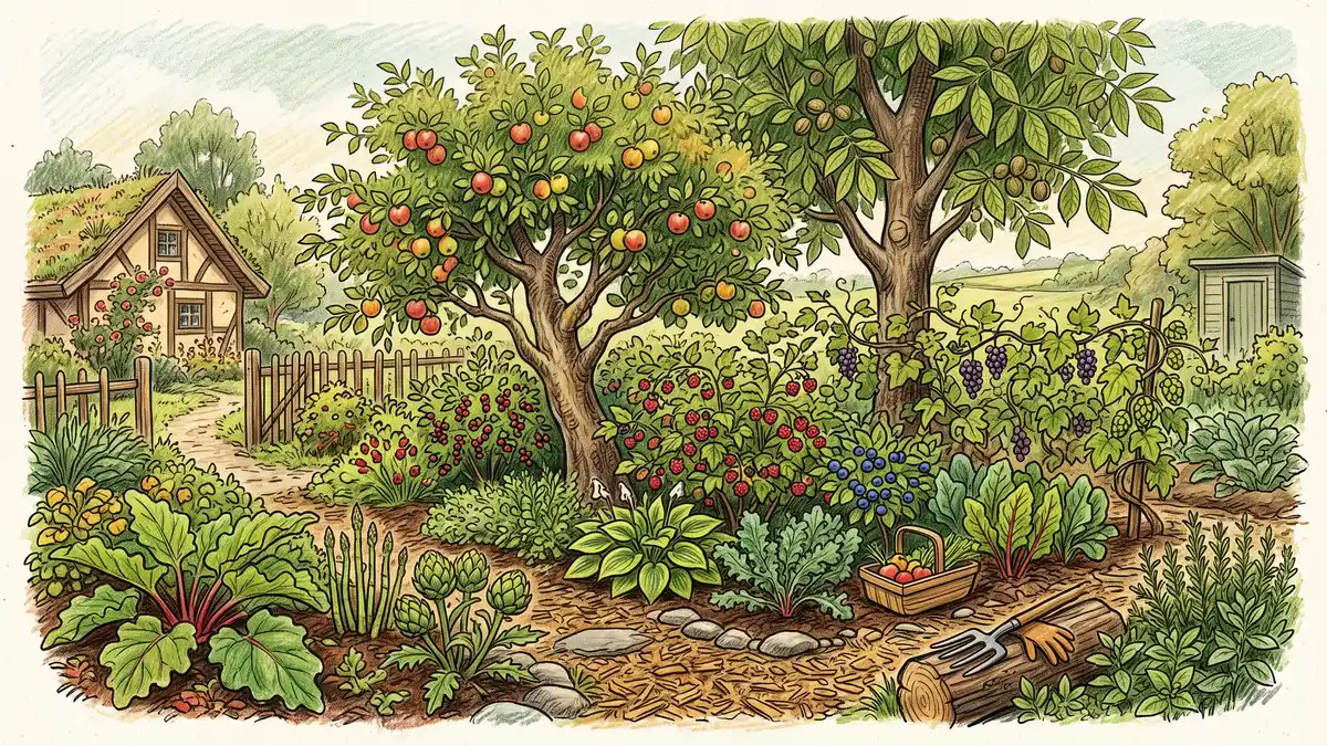 A food forest homestead corner with a mature fruit tree, nut tree, berry bushes, and perennial vegetables layered together