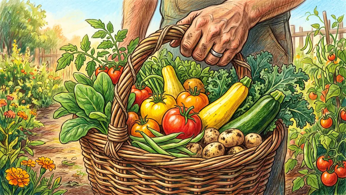 A wicker basket overflowing with a freshly harvested mix of tomatoes, squash, beans, potatoes, and greens held by a gardener