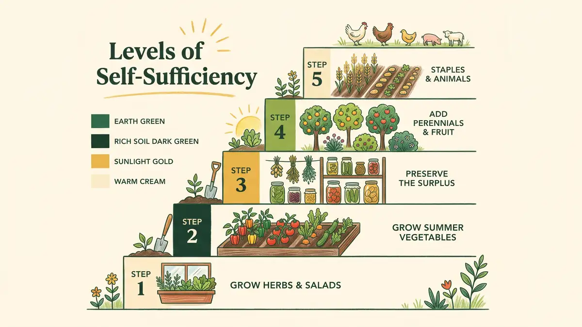 Pencil-crayon infographic showing five levels of self-sufficiency from herbs and salads up to staples and animals