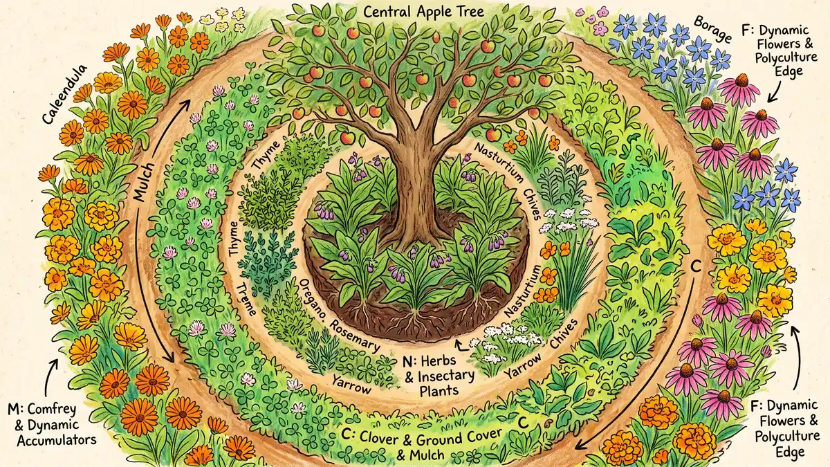 Overhead plan-view diagram of a fruit tree guild with concentric rings of understory plants, comfrey and herbs near the trunk and clover and flowers farther out