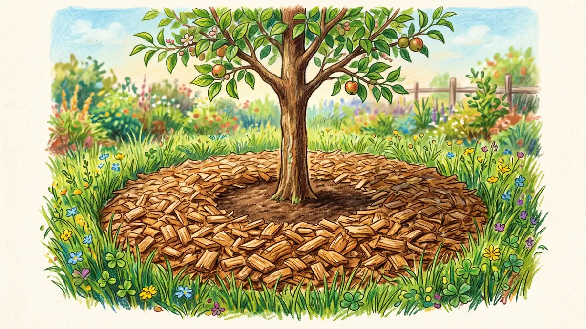 A young fruit tree with a wide ring of wood-chip mulch keeping grass back from the trunk, mulch stopping a few inches from the bark