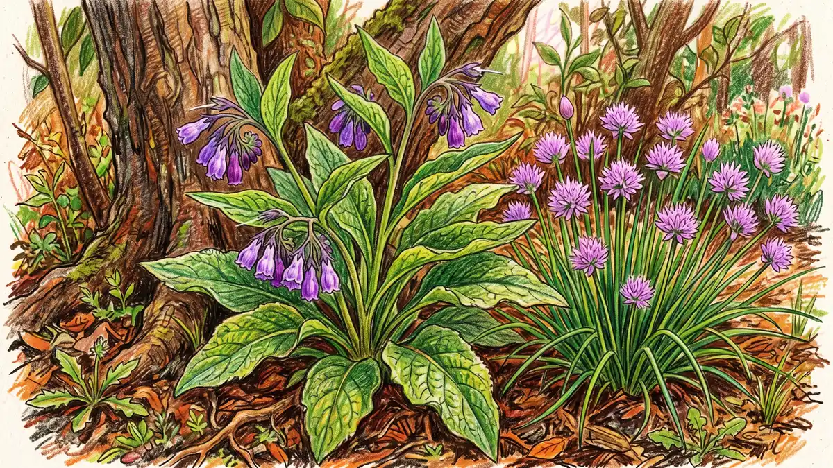 A lush comfrey plant with purple flowers growing beside flowering chives at the base of a fruit tree, classic understory companion plants