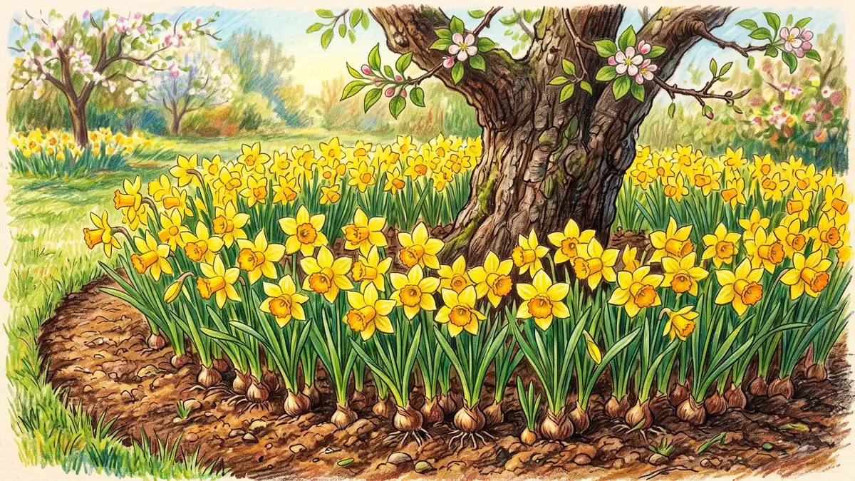 A ring of bright yellow daffodils blooming around the trunk of a fruit tree in spring, used to suppress grass and deter rodents