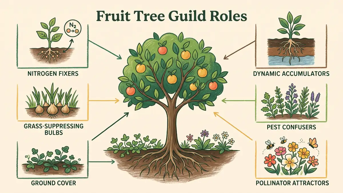 Pencil-crayon infographic of fruit tree guild roles: nitrogen fixers, dynamic accumulators, pest confusers, pollinator attractors, ground cover, and grass-suppressing bulbs