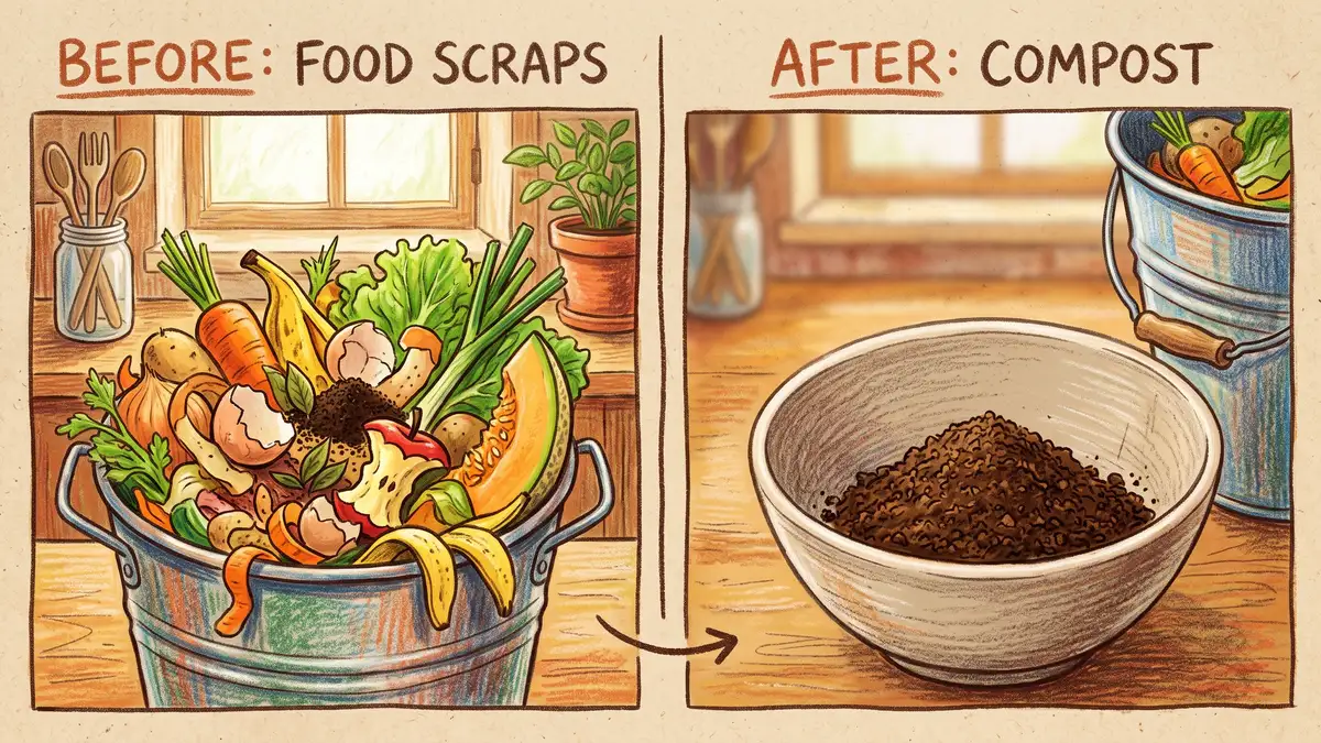 Before-and-after illustration showing a bucket of fresh food scraps shrinking into a small pile of dry ground crumbs after an electric composter cycle