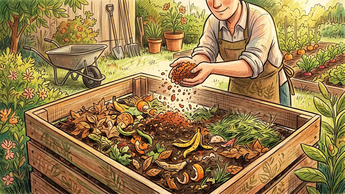 A gardener sprinkling a small handful of dry ground food-waste crumbs into an outdoor compost bin full of leaves to finish decomposing
