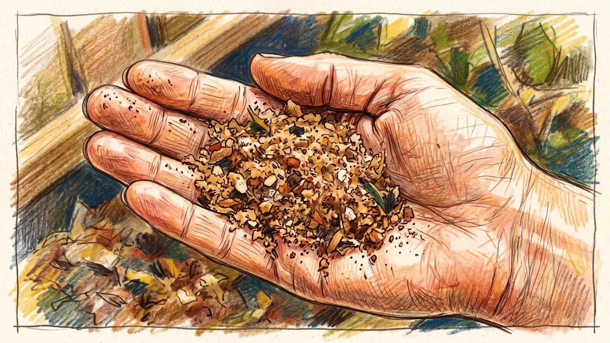 A handful of dry, brown, finely ground food-waste crumbs from an electric composter, the dehydrated ground texture that is not yet finished compost