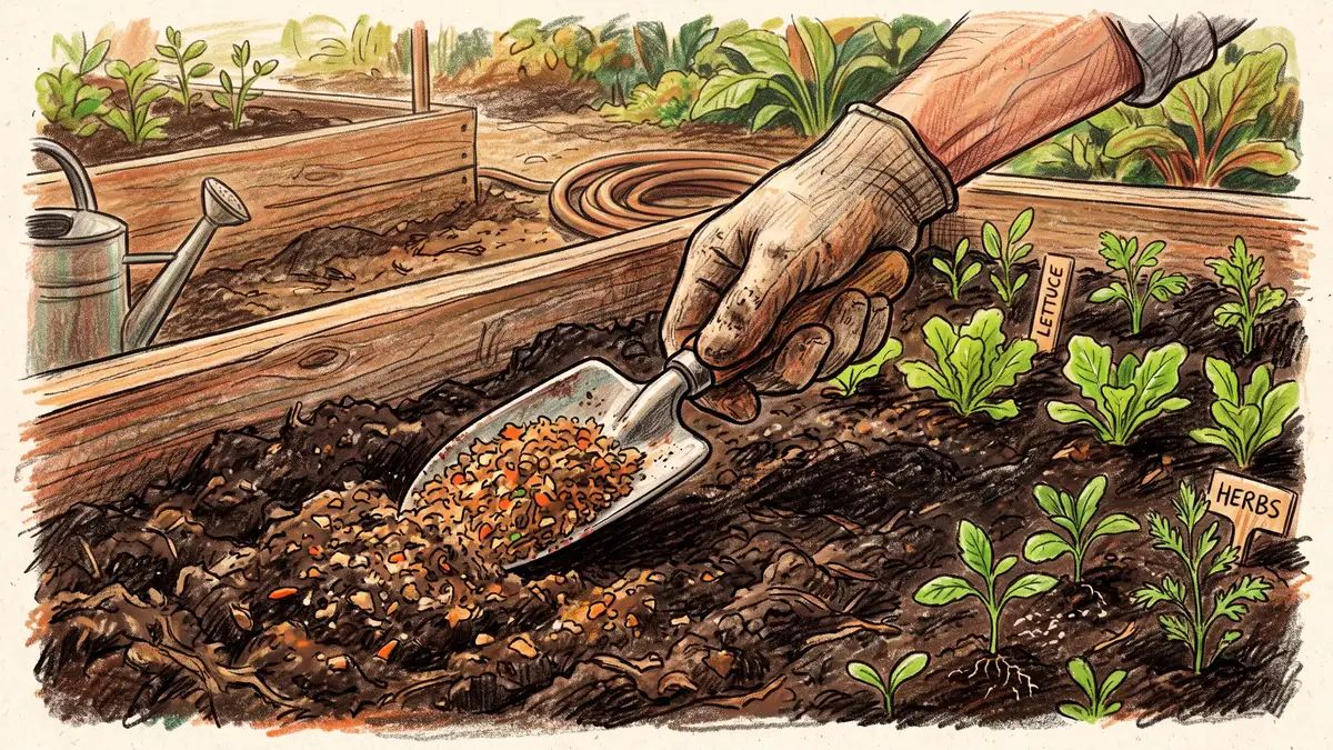 A gardener's hand mixing a small scoop of dry ground food-waste crumbs into dark garden soil in a raised bed with young seedlings nearby