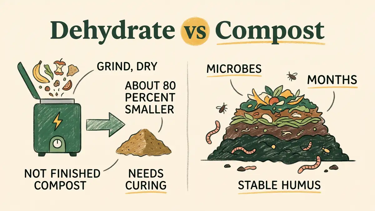 Pencil-crayon infographic comparing an electric composter (grind, dry, 80 percent smaller, not finished, needs curing) with a compost pile (microbes, months, stable humus)
