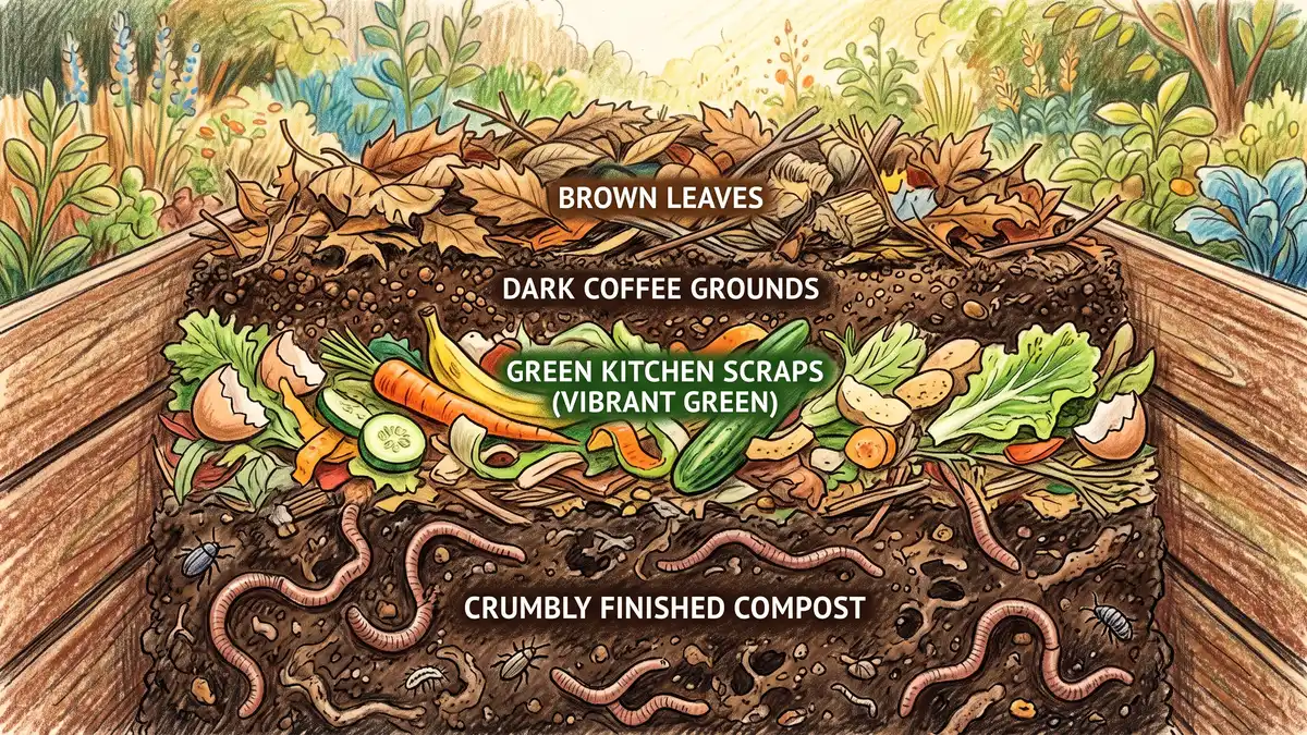 Cross-section of a healthy compost pile showing layered dried leaves, coffee grounds, kitchen scraps and finished compost with earthworms