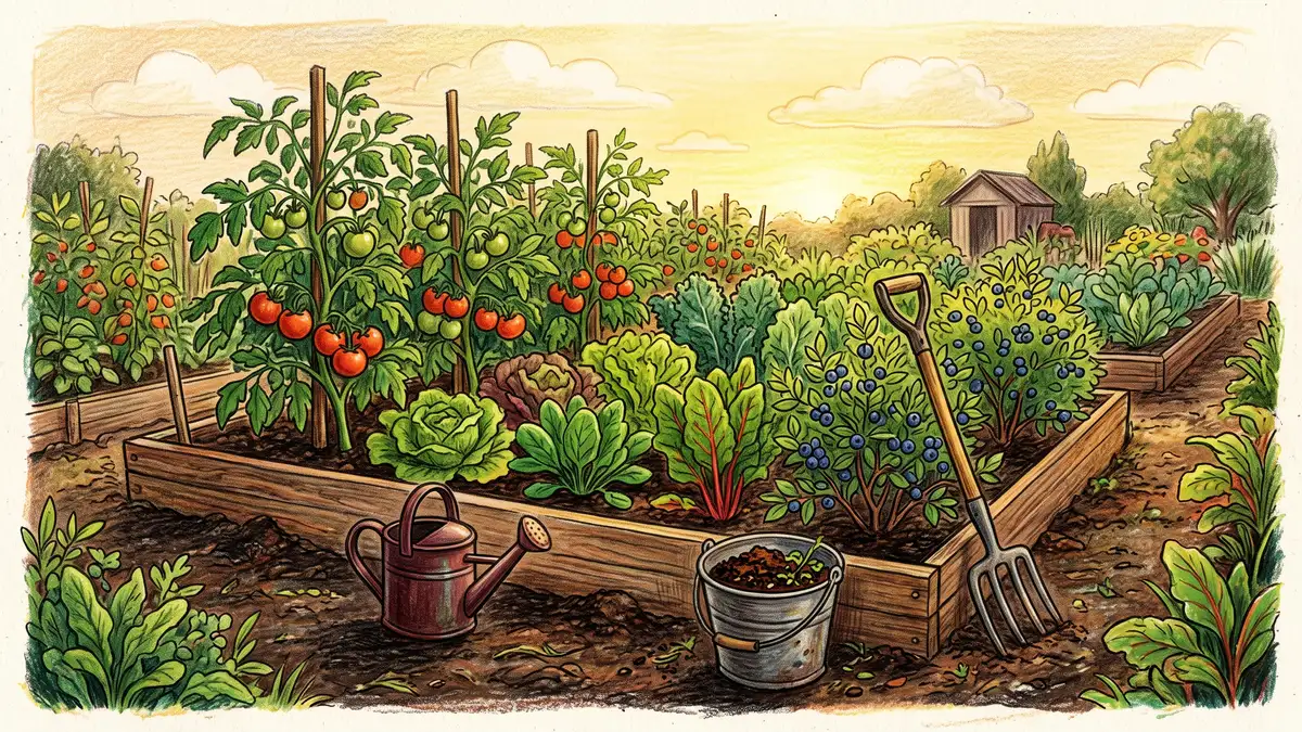Thriving vegetable garden bed with tomato plants and blueberry bushes beside a bucket of dark coffee grounds and a garden fork