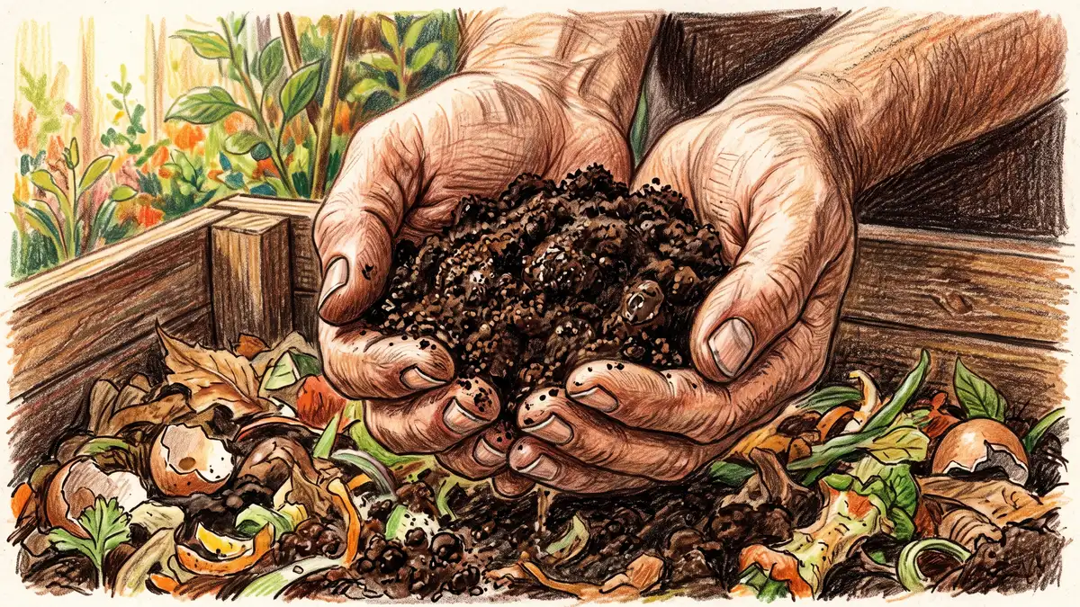 Close-up of dark damp used coffee grounds held in cupped hands over a compost bin showing the fine crumbly texture