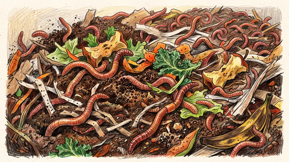 Red wiggler earthworms moving through dark compost mixed with coffee grounds and shredded paper in a worm bin