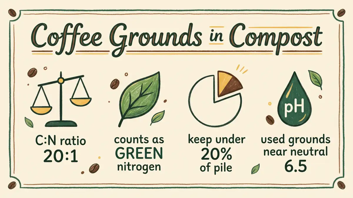 Infographic showing coffee grounds compost facts: 20 to 1 carbon nitrogen ratio, counts as green nitrogen, keep under 20 percent of pile, pH near neutral 6.5