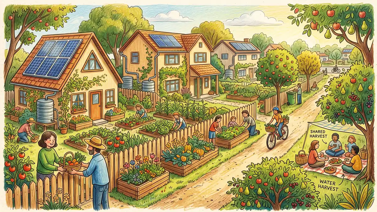 Pencil illustration of a suburban street retrofitted for resilience with front-yard vegetable gardens, fruit trees, water tanks and solar panels