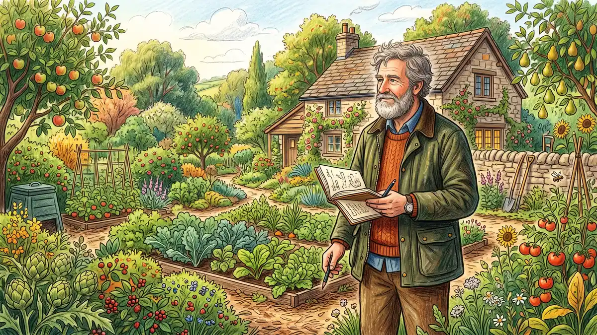 Pencil illustration of an older bearded permaculture designer observing a diverse garden with fruit trees and a stone house behind him
