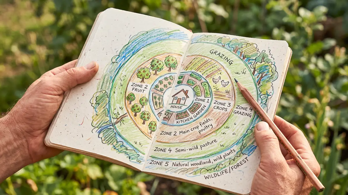 Close-up of hands holding a hand-drawn permaculture design notebook showing a zone map of a house and garden