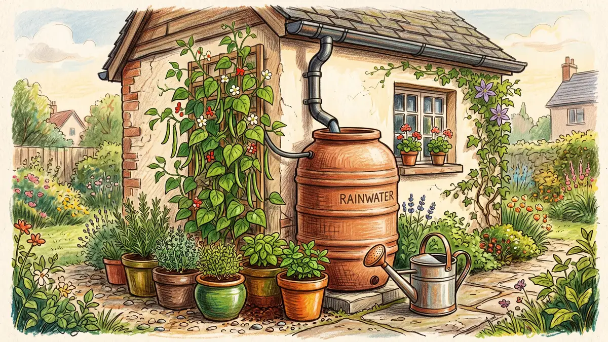 Pencil illustration of a rainwater tank beside a suburban house wall with climbing beans and herbs in pots