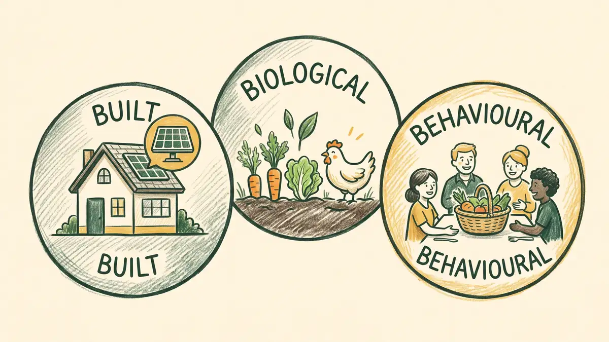 Infographic showing RetroSuburbia three fields of retrofitting: Built house and solar, Biological vegetables and chickens, Behavioural people sharing food