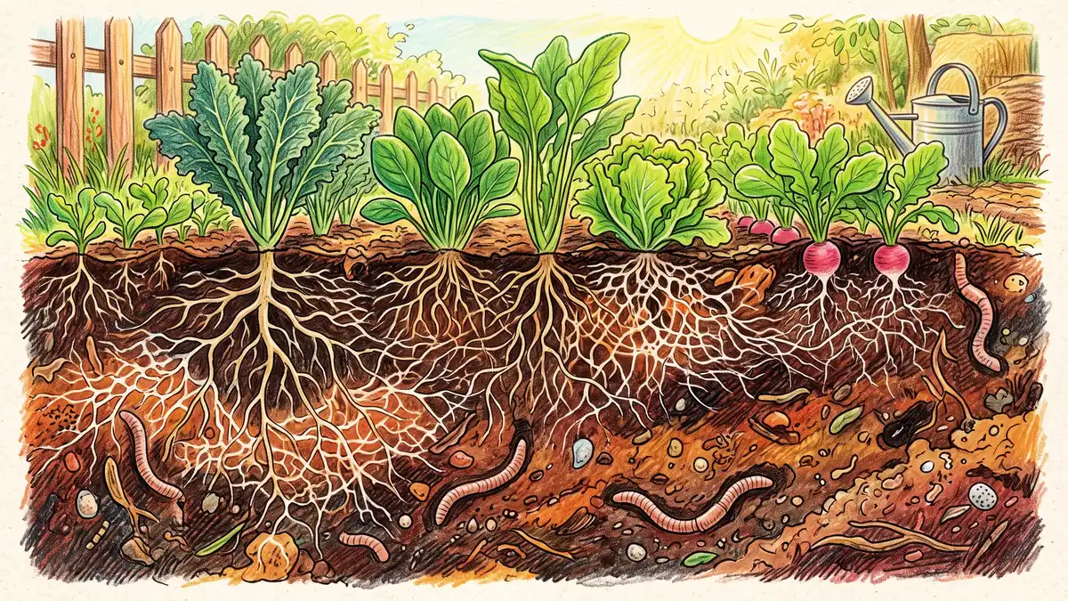 Cross-section of garden soil showing plant roots wrapped in mycorrhizal fungal threads, earthworms and dark humus with vegetables growing above