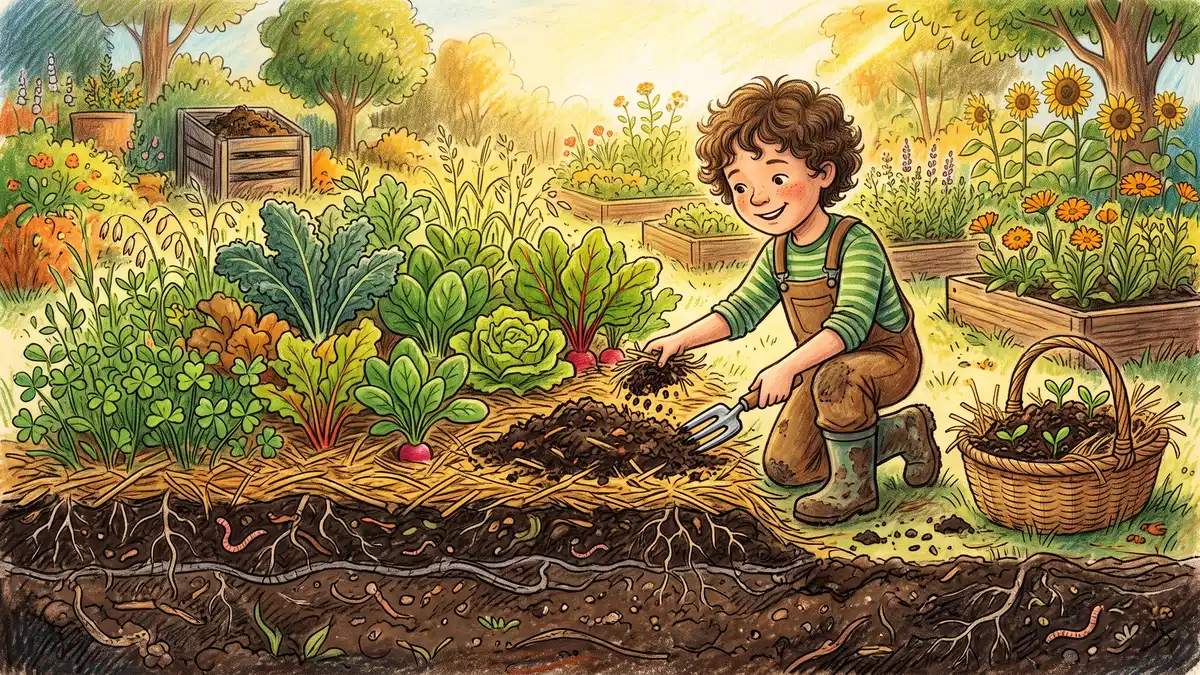 No-dig garden bed being layered with compost and mulch by a young gardener with cover crops and leafy greens growing
