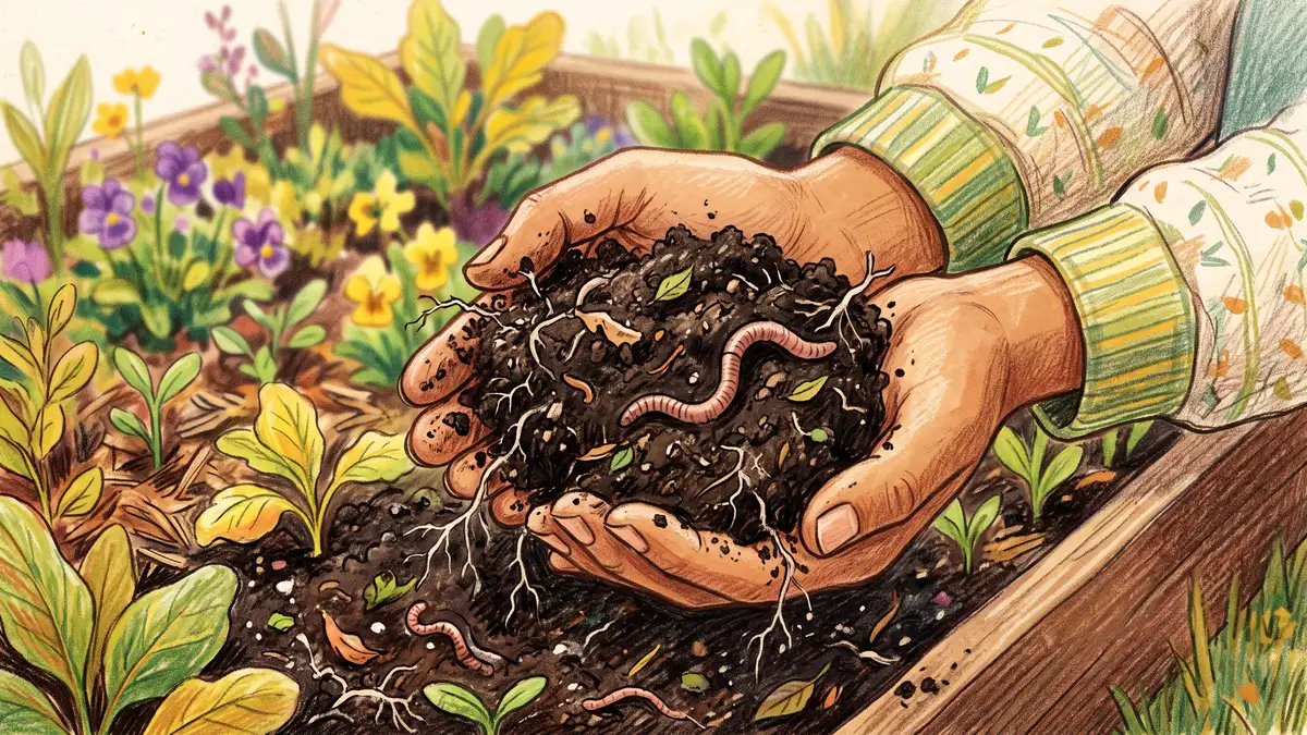 Young person's hands holding rich dark crumbly compost soil full of roots and a worm over a garden bed