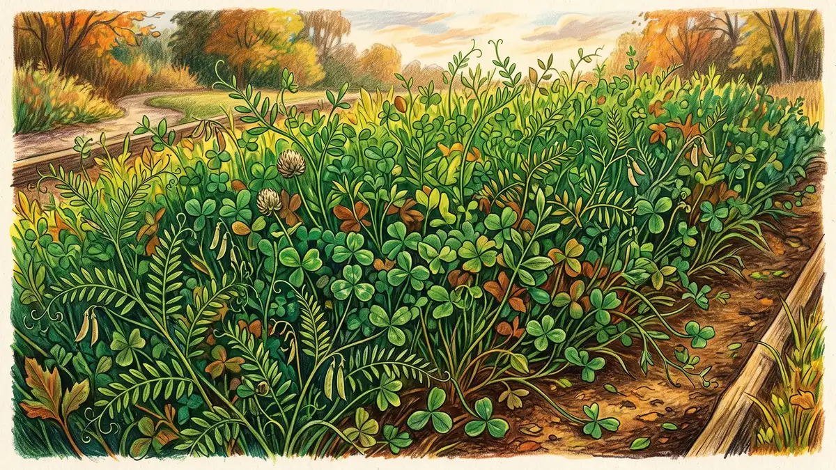 Lush green cover crop of clover and vetch growing densely over a garden bed in autumn light protecting bare soil