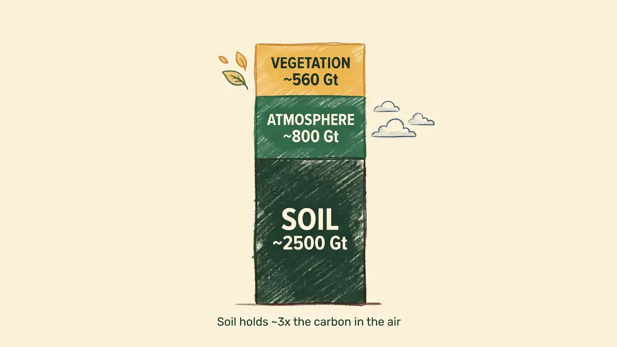 Infographic comparing carbon pools: soil about 2500 gigatons, atmosphere about 800 gigatons, vegetation about 560 gigatons