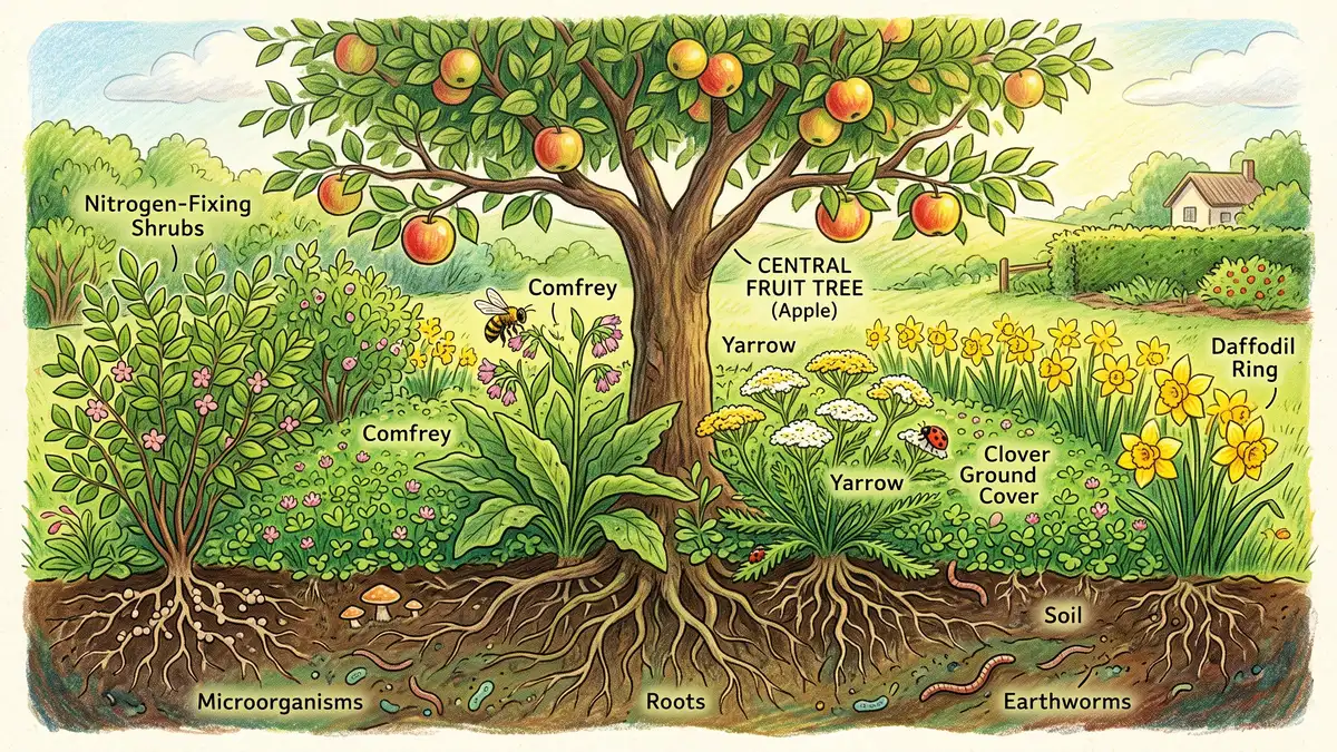 Cutaway illustration of a fruit tree guild showing a central tree, nitrogen-fixing shrubs, comfrey, clover ground cover and daffodils with bees