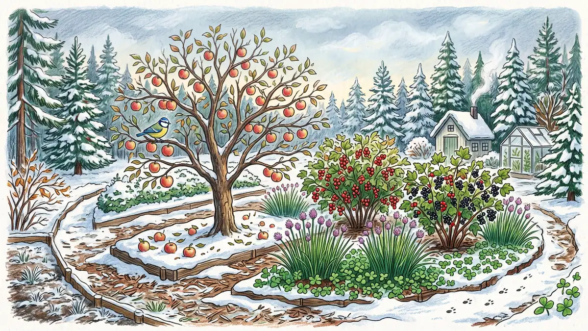 Cold-climate food forest guild with a hardy apple tree, currant bushes, chives and clover with evergreens in the background