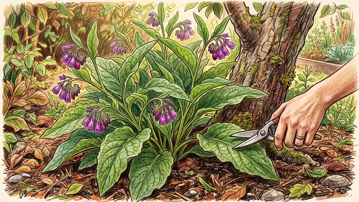 Close-up of a large-leafed comfrey plant with purple bell flowers at the base of a fruit tree with a hand chopping a leaf for mulch