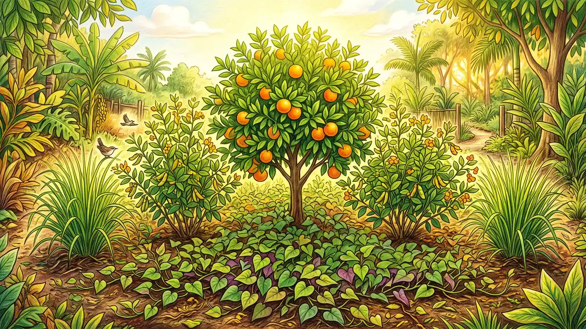 Warm-climate subtropical guild with a citrus tree, pigeon pea shrubs, sweet potato ground cover and lemongrass in bright sun