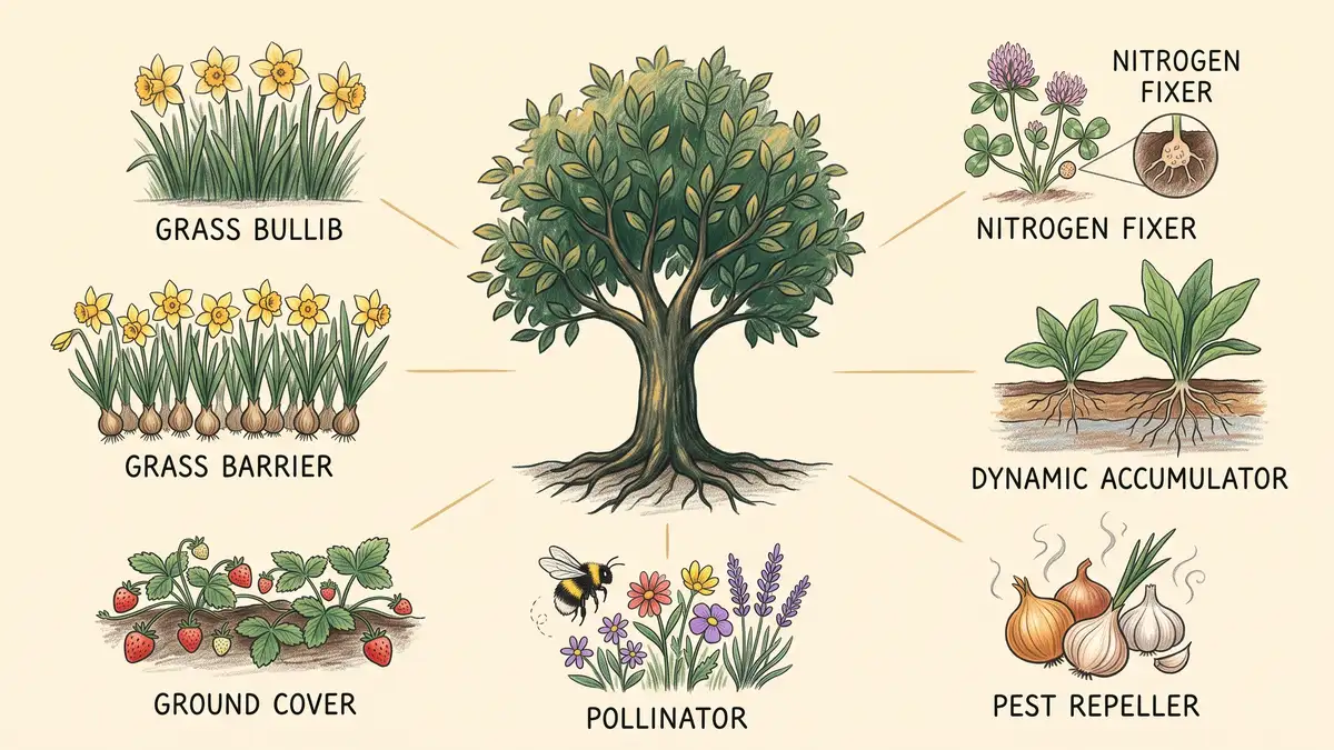Infographic of plant guild functional roles: nitrogen fixer clover, dynamic accumulator comfrey, pest repeller onion, pollinator bee, ground cover strawberry, grass barrier daffodil