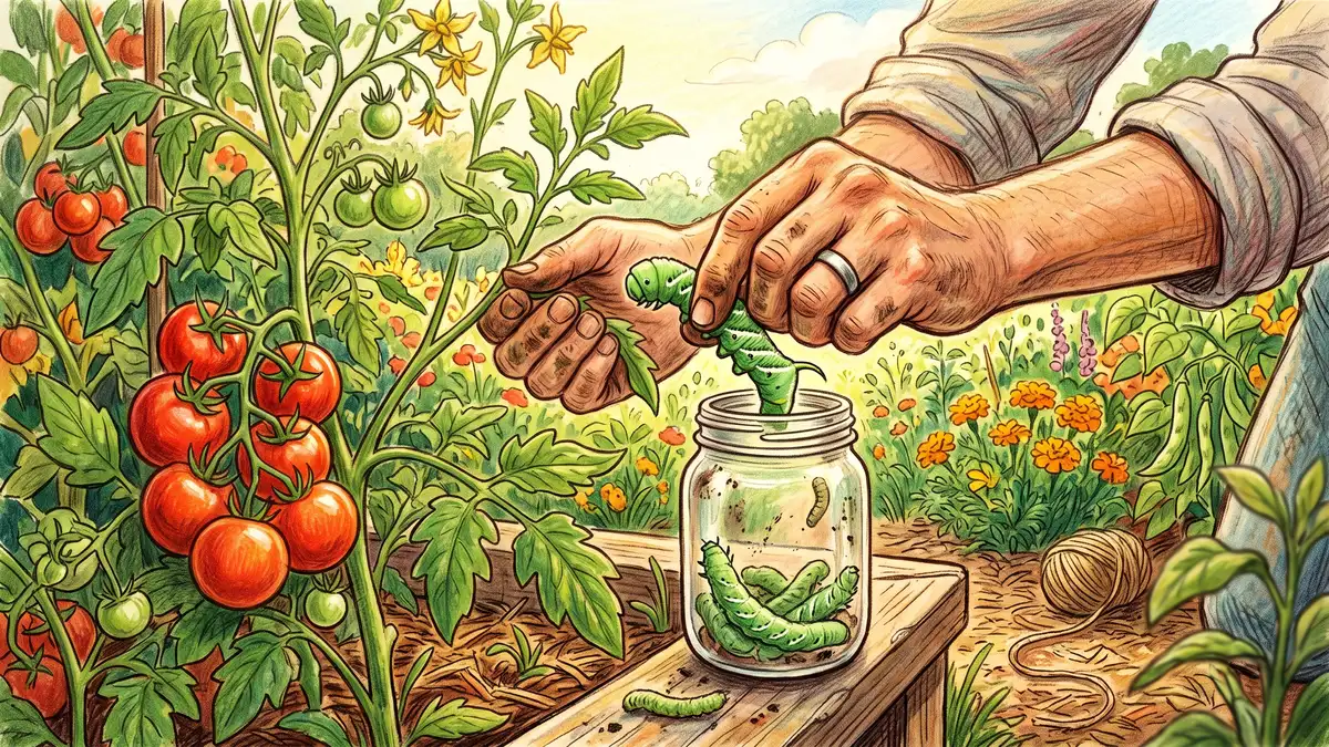 Gardener's hand picking a green tomato hornworm off a tomato plant and dropping it into a jar with red tomatoes nearby