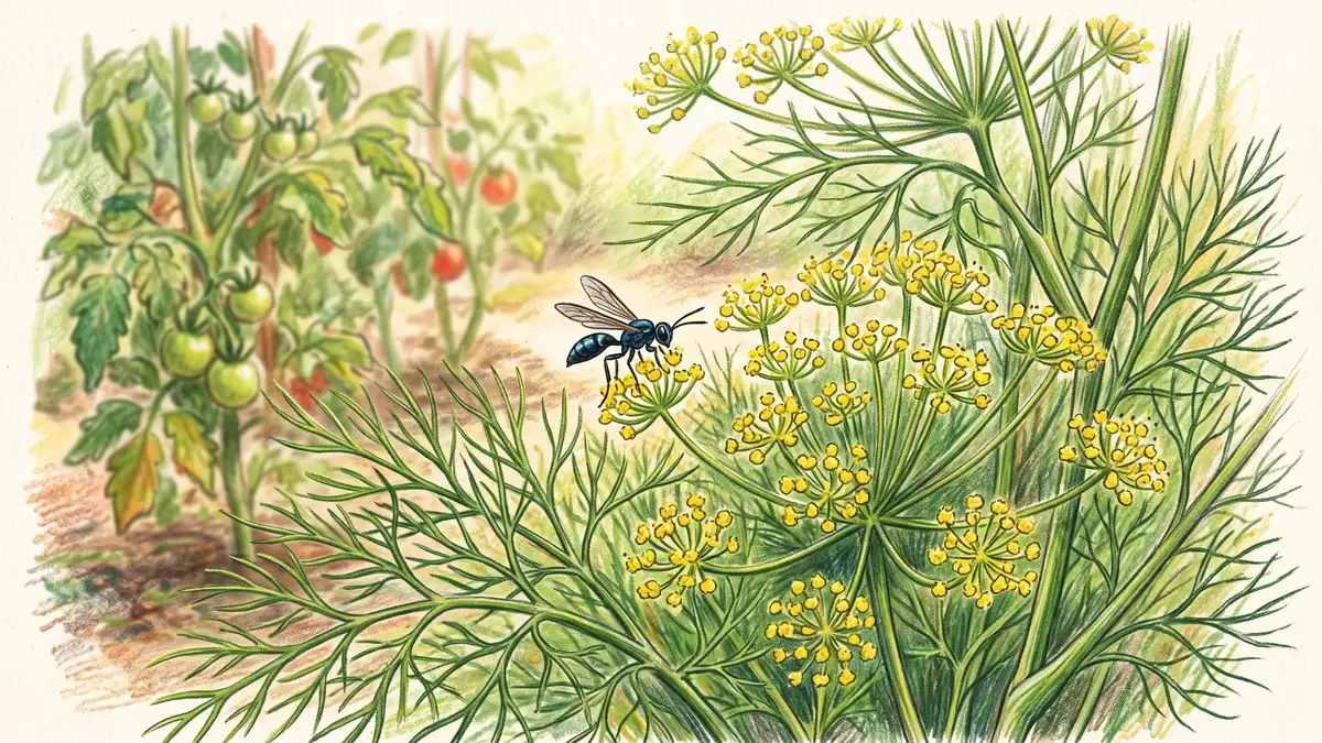 Close-up of feathery dill fronds with tiny yellow umbrella flowers and a small beneficial wasp landing on them near tomato plants